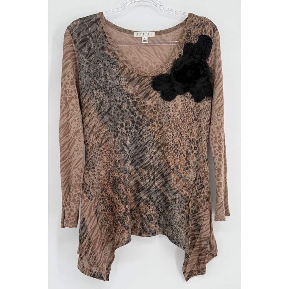 Entity Brown Animal Print Sharkbite Tunic Top 3D‎ Flower Accent Womens Sz M